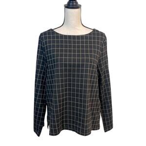 J. Jill Ponte Knit Top Black and Camel Checked Long Button Sleeves Size LP